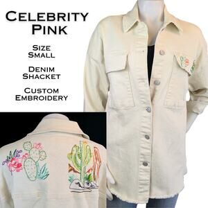 Celebrity Pink Denim Shacket Shirt Jacket Small Cream Embroidered Cactus Western